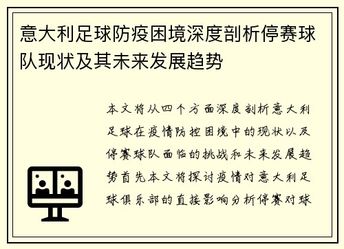 意大利足球防疫困境深度剖析停赛球队现状及其未来发展趋势