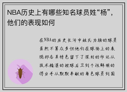 NBA历史上有哪些知名球员姓“杨”，他们的表现如何