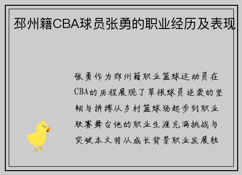 邳州籍CBA球员张勇的职业经历及表现