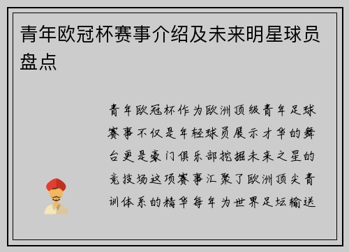 青年欧冠杯赛事介绍及未来明星球员盘点